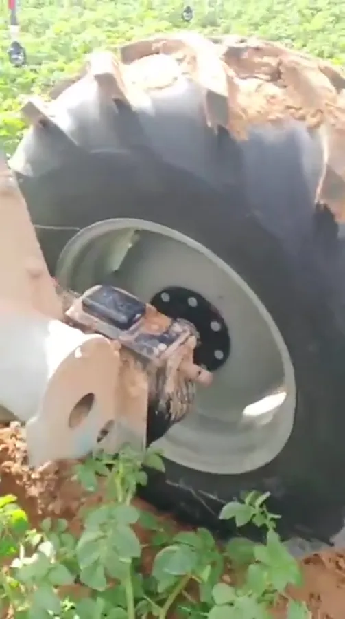A drive tower wheel of an AksuPivot machine standing in a green crop in Egypt