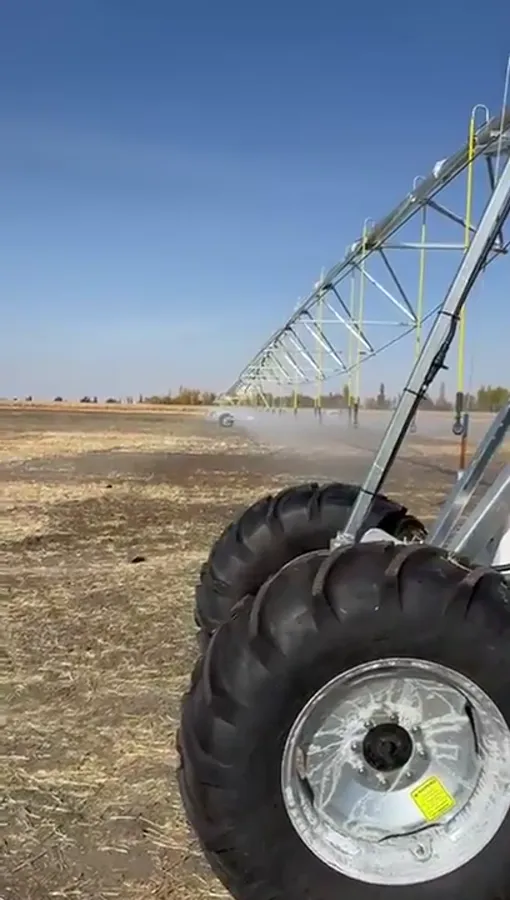 The twin wheels of a drive tower with the machine watering behind